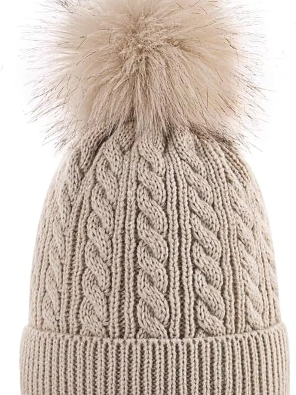 Womens Winter Warm Fleece Lined Knitted Soft Ski Cuff Beanie Hat with Pom Pom